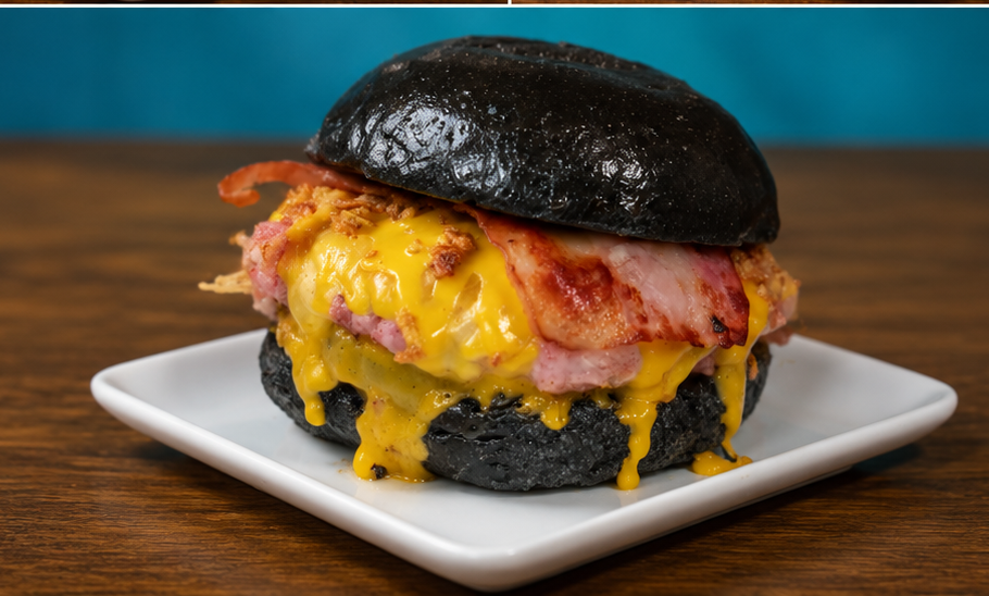 -	Pan negro brioche de mantequilla<br/>  -	180 gr de carne de cerdo y beicon  <br/>  -	Mucha Salsa de Chedar <br/>  -	Dos de Queso Fundido<br/>-	Cebolla Cruch